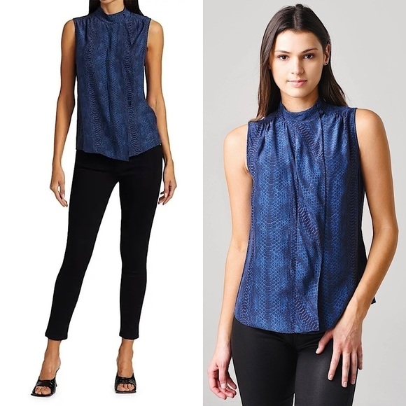 NWT FRAME Silk Snake Print High Neck Draped Cravat Collar Sleeveless Blouse XL - Picture 1 of 10